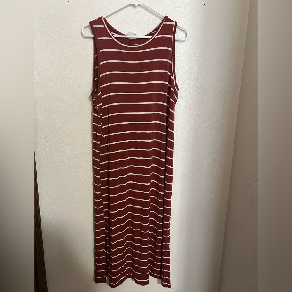 143 STORY Classic Sleeveless Striped Casual Midi Dress Maroon White Womens Sz XL